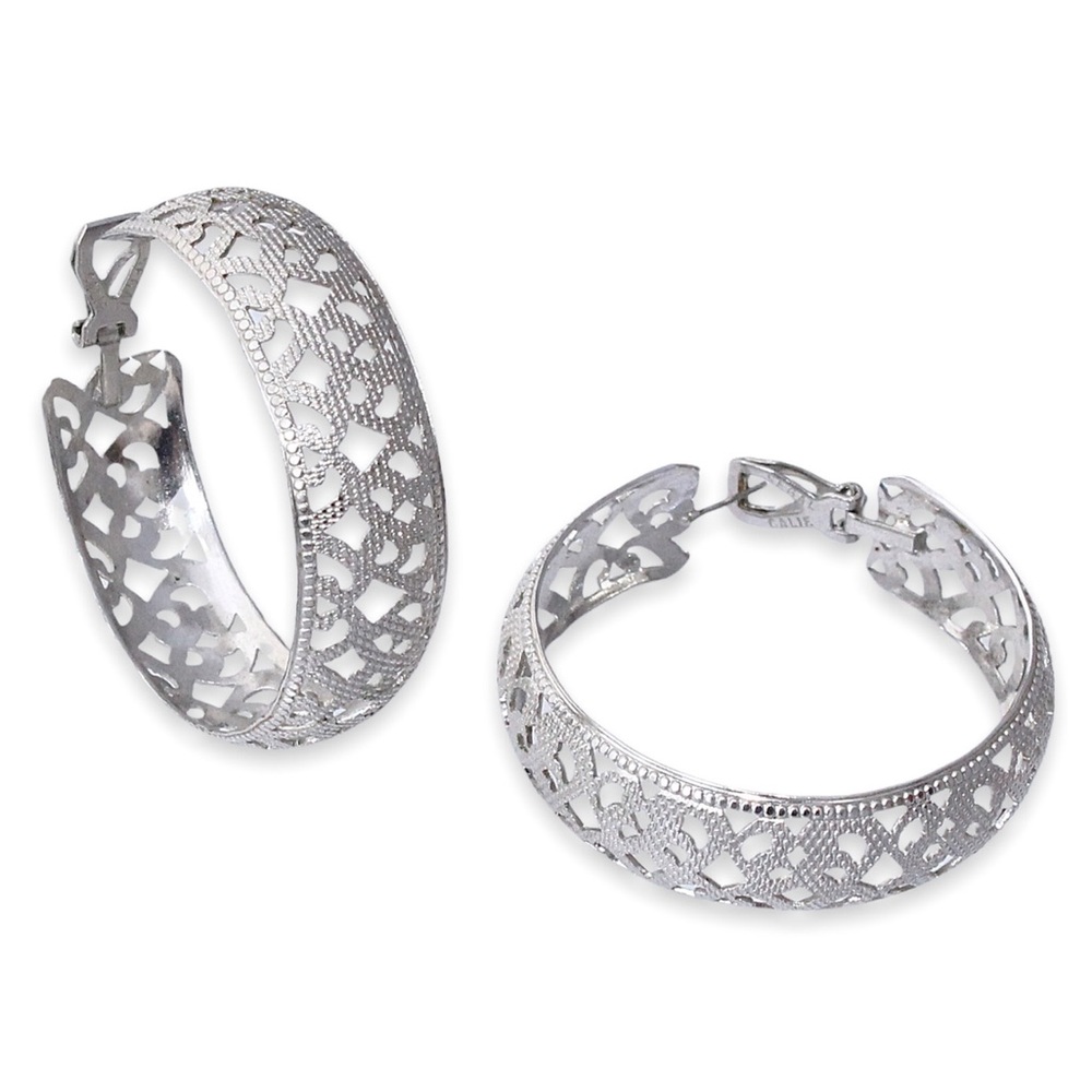 Vintage Lewis Segal Hoop Earrings Silver Tone Openwork Large Statement Hoops